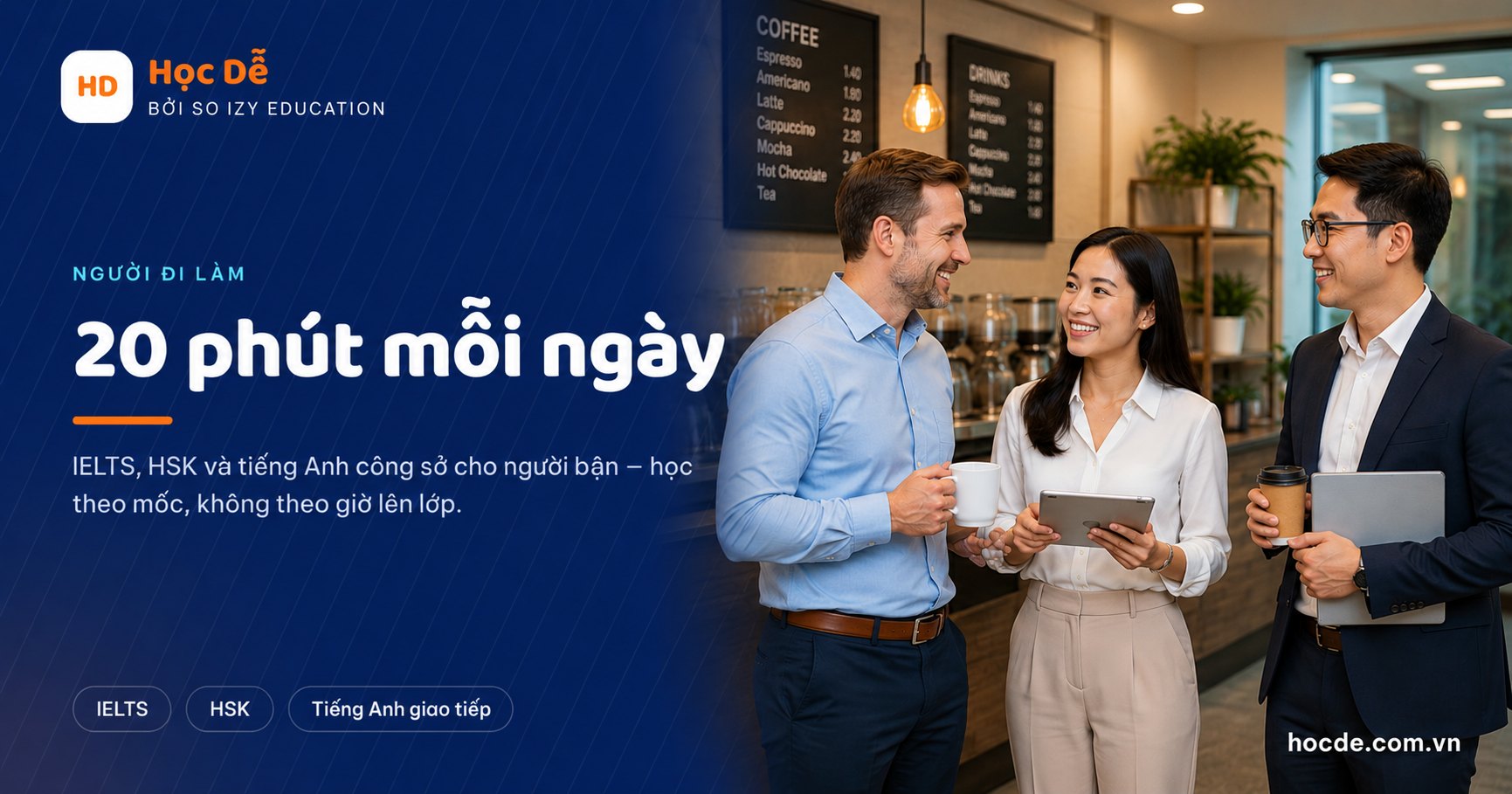 Ba người đi làm trao đổi bằng tiếng Anh công sở trong quán cà phê