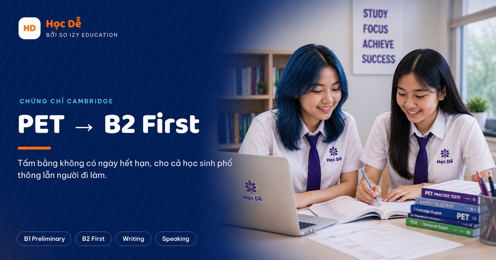 Hai học sinh luyện thi chứng chỉ Cambridge PET và B2 First với sách PET Practice Tests