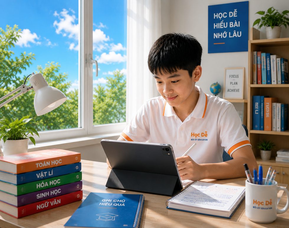 Học sinh mặc áo Học Dễ ngồi học trên máy tính bảng bên chồng sách Toán, Vật lí, Hoá học, Sinh học và Ngữ văn
