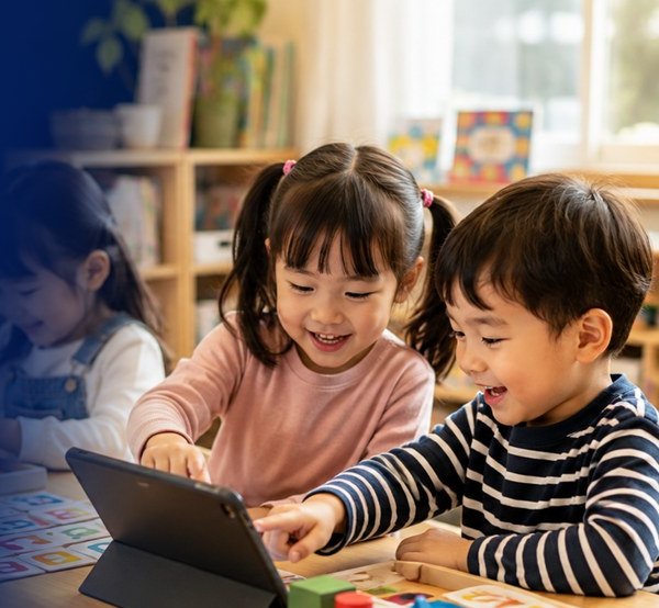 Ba bé 4–6 tuổi vui vẻ nhận mặt chữ và hình khối trong giờ học chuẩn bị vào lớp Một