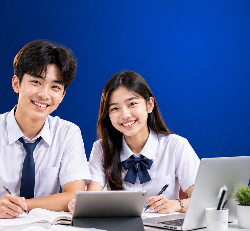 Hai học sinh THCS ôn thi vào lớp 10 với sách và máy tính bảng