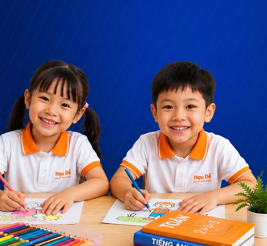 Hai học sinh tiểu học mặc áo Học Dễ tô màu và học tiếng Anh, tiếng Trung